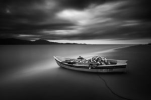 boat, Beach, Shore, Bw, Clouds