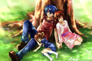 clannad, Blue, Eyes, Blue, Hair, Bow, Brown, Hair, Clannad, Furukawa, Nagisa, Grass, Okazaki, Nagisa, Okazaki, Tomoya, Okazaki, Ushio, Short, Hair, Tree, Yomi, Yasou