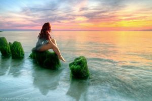 women, Redheads, Rocks, Barefoot, Fantasy, Art, Sitting, Seaweed, Sea