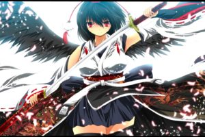 video, Games, Touhou, Wings, Stockings, Katana, Skirts, Weapons, Red, Eyes, Short, Hair, Thigh, Highs, Shameimaru, Aya, Flower, Petals, Hats, Japanese, Clothes, Simple, Background, Anime, Girls, Tengu, Detached,