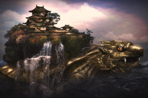 green, Dragon, Turtle, Chinese, Creature, Mythology, Turtle, Dragon, Shell, Fantasy, Asian, Oriental, Architecture, Buildings, Temple, Castle, Detail, Art, Artistic, Cg, Digital, Ocean, Sea, Magic, Sky, Clouds, M