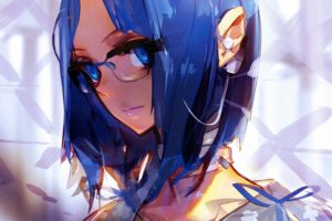 headphones, Blue, Eyes, Lips, Glasses, Ribbons, Blue, Hair, Short, Hair, Earphones, Meganekko, Choker, Soft, Shading, Anime, Girls, Faces, Ears, Scans, Original, Characters