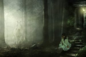 fantasy, Gothic, Manipulation, Cg, Digital, Art, Ghost, Animals, Horses, Trees, Forest, Mood, Women