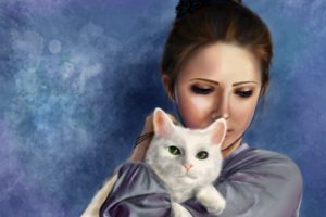 women, Cats, Animals, Artwork