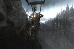 tomb, Raider, Lara, Croft, Parachute, Forest, Mountains, Sun