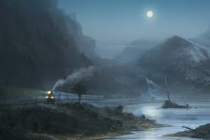 stones, Moon, Night, Birds, Midnight, Painting, Artwork, Art, Railroad, Mood