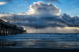 pier, Ocean, Clouds, Beach, Waves