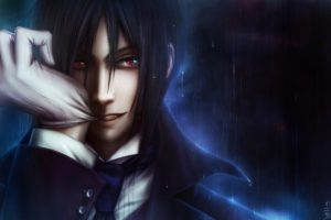 anime, Series, Kuroshitsuji, Demon, Red, Eyes, Guy, Art, Glove, Rain, Black, Butler