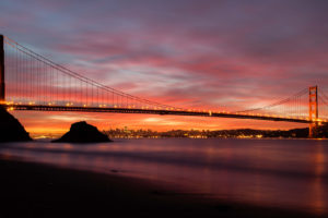 golden, Gate, Bridge, Bridge, San, Francisco, Sunset, Beach, Shore, Ocean, Cities, Shore, Sky, Clouds, Buildings