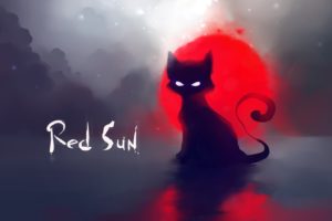 cat, Red, Sun, Art, Painting