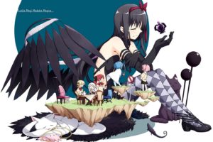 akemi, Homura, Akuma, Homura, Animal, Black, Hair, Cat, Elbow, Gloves, Headband, Kyuubee, Long, Hair, Miki, Sayaka, Momoe, Nagisa, Thighhighs, Tomoe, Mami, Wings