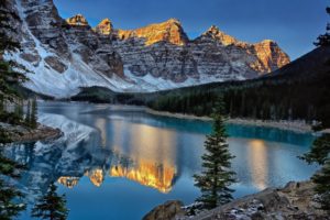 mountains, Reflection, Lakes, Shore, Trees, Sunset, Sunrise, Landscapes