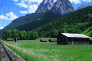 countryside, Houses, Farms, Mountains, Trees, Sky, Clouds, Green, Forest, Jungle, Railroad