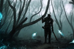 skyrim, Elder, Scrolls, Drawing, Warrior, Warriors, Fantasy, Magic, Trees, Forest