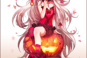 anime, Girl, Beautiful, Angry, Choker, Eyepatch, Grey, Hair, Halloween, Headdress, Heart, Long, Hair, Red, Eyes, Sweets, Thigh, Highs