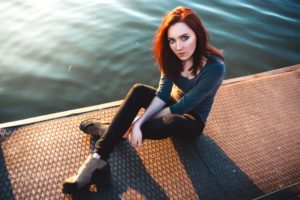 women, Redhead, Sitting, Pants, Looking, At, Viewer, Water, Portrait, Blue, Eyes