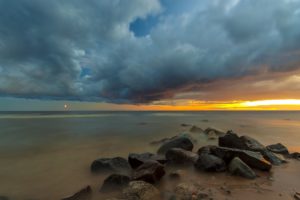 landscape, Sunset, Sea, Rocks, Clouds