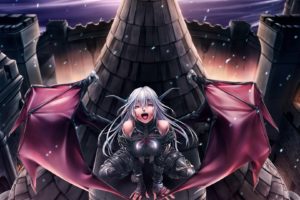 women, Snow, Wings, Castles, Night, Demons, Devil, Demon, Girl, White, Hair, Devil, Girl, Roof