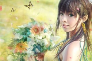 brunettes, Women, Fantasy, Flowers, Long, Hair, Spring, Fantasy, Art, Asians, Smiley, Face, Smiling, Artwork, Faces, Girls, In, Nature, Butterflies