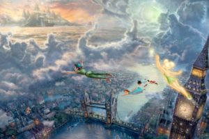 clouds, Disney, Company, Movies, Flying, Architecture, Pirates, London, Big, Ben, Tinkerbell, Tower, Bridge, Peter, Pan, Thomas, Kinkade, Fairy, Tales, Captain, Hook, Neverland, Children