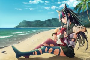 dangan ronpa, Beach, Black, Hair, Clouds, Dangan, Ronpa, Drogoth, Guitar, Horns, Instrument, Long, Hair, Mioda, Ibuki, Pink, Eyes, Skirt, Thighhighs, Torn, Clothes, Tree, Water