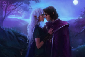 baldurand039s, Gate, Vidaniel, Xan, Fan, Art, Artistic, Fantasy, Landscapes, Nature, Night, Moon, Moonlight, Trees, Love, Romance, Mood, Emotion, Elf, Elves, Women, Females, Girls, Men, Males, Kiss, Embrace, Cg,