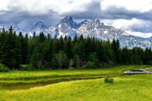 mountains, Fields, Trees, Forest, Sky, Clouds