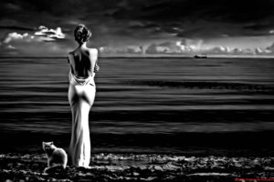 women, Dress, Cats, Monochrome, Sea