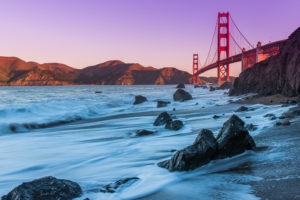 golden, Gate, Bridge, Bridge, San, Francisco, Beach, Ocean, Rocks, Stones, Bay, Sea, Waves, Architecture, Mountains, Sky