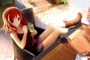 boots, Clouble, Drink, Love, Live , School, Idol, Project, Nishikino, Maki, Phone, Purple, Eyes, Red, Hair