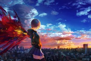 tokyo, Anime, Girl, Wings, Sky, Clouds, Sunset