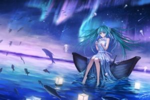 animal, Aqua, Eyes, Aqua, Hair, Boat, Fish, Hatsune, Miku, Sombernight, Summer, Dress, Vocaloid