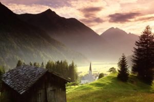 nature, Sky, Cloud, Tree, Mountain, Summer, Church, Cottage