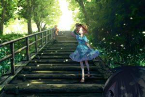 blue, Eyes, Brown, Hair, Dress, Hat, Ichii, Oritoro, Long, Hair, Male, Necklace, Original, Short, Hair, Shorts, Stairs, Summer, Dress, Tree