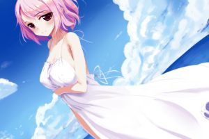 breasts, Clouds, Pink, Eyes, Pink, Hair, Saigyouji, Yuyuko, Short, Hair, Sky, Summer, Dress, Touhou, Water