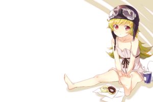 aliasing, Bakemonogatari, Barefoot, Blonde, Hair, Dress, Flat, Chest, Food, Goggles, Hat, Ichi, Makoto, Loli, Long, Hair, Oshino, Shinobu, Red, Eyes, Summer, Dress, White