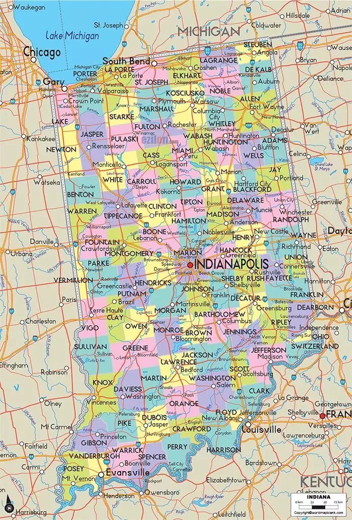 Labeled Map of Indiana with Capital & Cities – Printableworldmaps.net