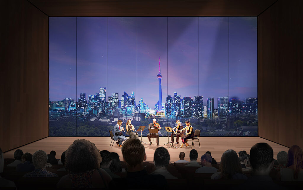 In an artist's rendering, musicians play on a platform in front of a giant window, looking out on downtown Toronto at night.