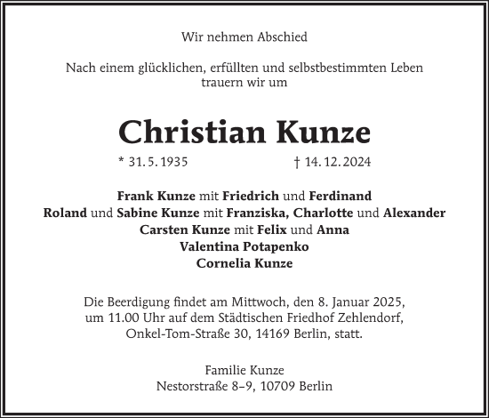 Traueranzeige von Christian Kunze von Tagesspiegel