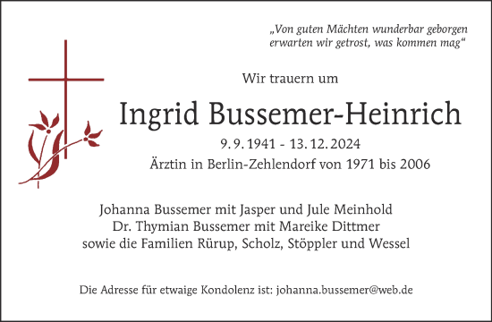 Traueranzeige von Ingrid Bussemer-Heinrich von Tagesspiegel