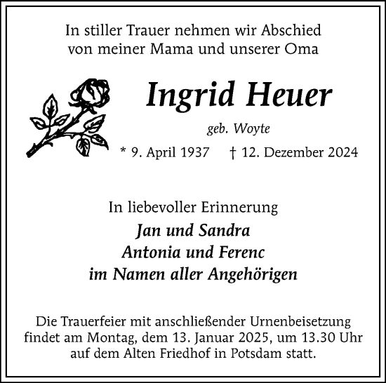 Traueranzeige von Ingrid Heuer von Tagesspiegel