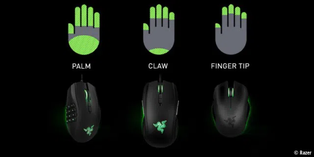 Veranschaulicht von Razer: Die verschiedenen Grip-Styles, also Bedienweisen der Maus.