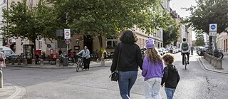 A woman with two children from behind in a street