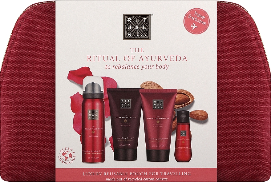 Haarpflegeset - Rituals The Ritual of Ayurveda Hair & Body Gift Set (Shampoo 70ml + Conditioner 70ml + Duschgel 50ml + Körperöl 30ml + Kosmetiktasche)