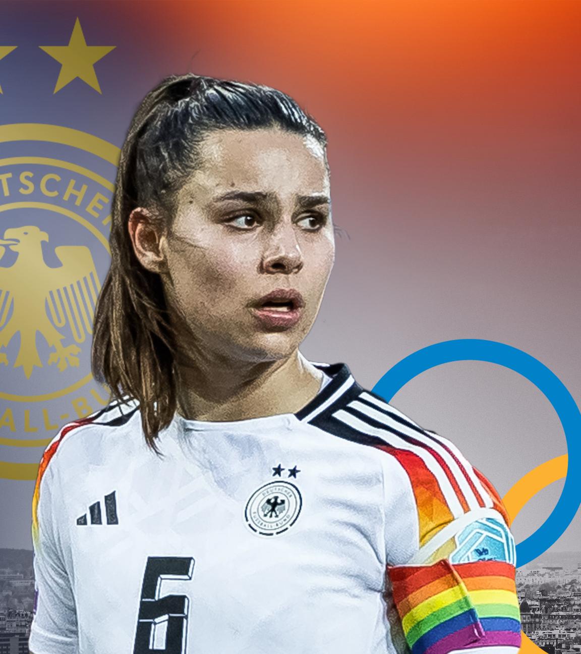 Fußballnationalspielerin Lena Oberdorf vor dem Eiffelturm und den olympischen Ringen