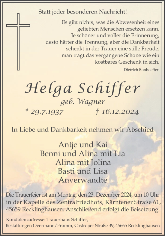 Traueranzeige von Helga Schiffer