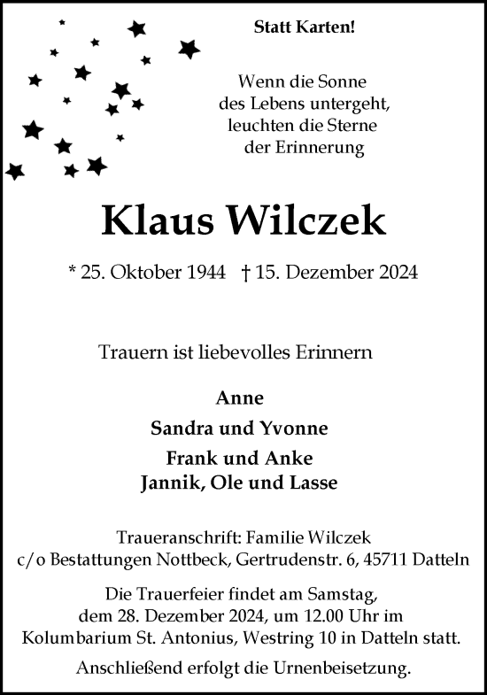 Traueranzeige von Klaus Wilczek