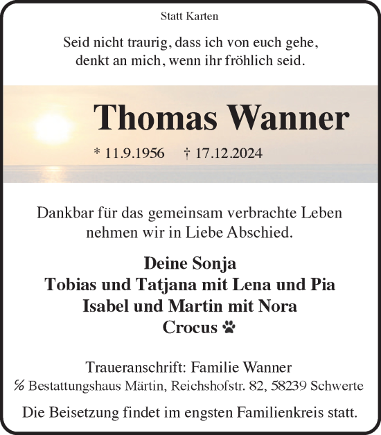 Traueranzeige von Thomas Wanner