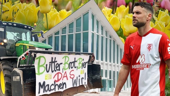 Collage aus Bauernprotest, Hyparschale Magdeburg, Blumen auf der LAGA Bad Dürrenberg und einem HFC-Spieler