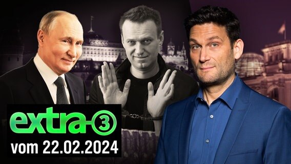 Der russische Präsident Wladimir Putin neben dem russischen Oppositionellen Alexej Nawalny. Daneben Christian Ehring. (extra 3 vom 22.02.2024 im Ersten) © NDR 